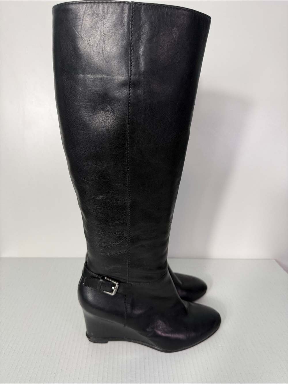 Lauren Ralph Lauren TIA Black Leather Knee-High Wedge Boots Size 7 - Picture 4 of 15